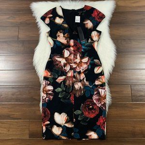 Black Halo Women's Size 8 Black Greyson Floral Print Sheath Dress V Neck